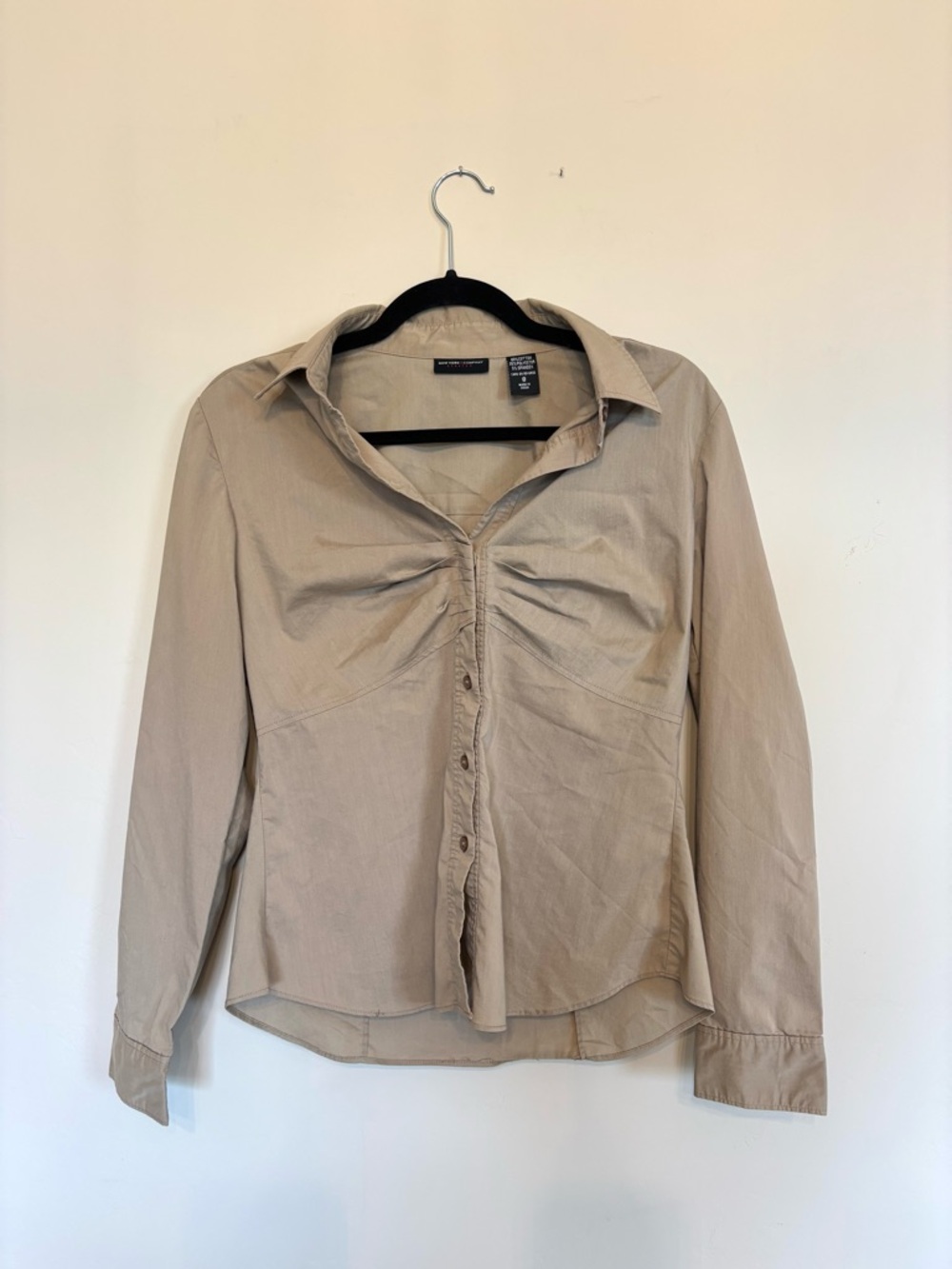 New York & Company Ruched Tan Button-Front Top